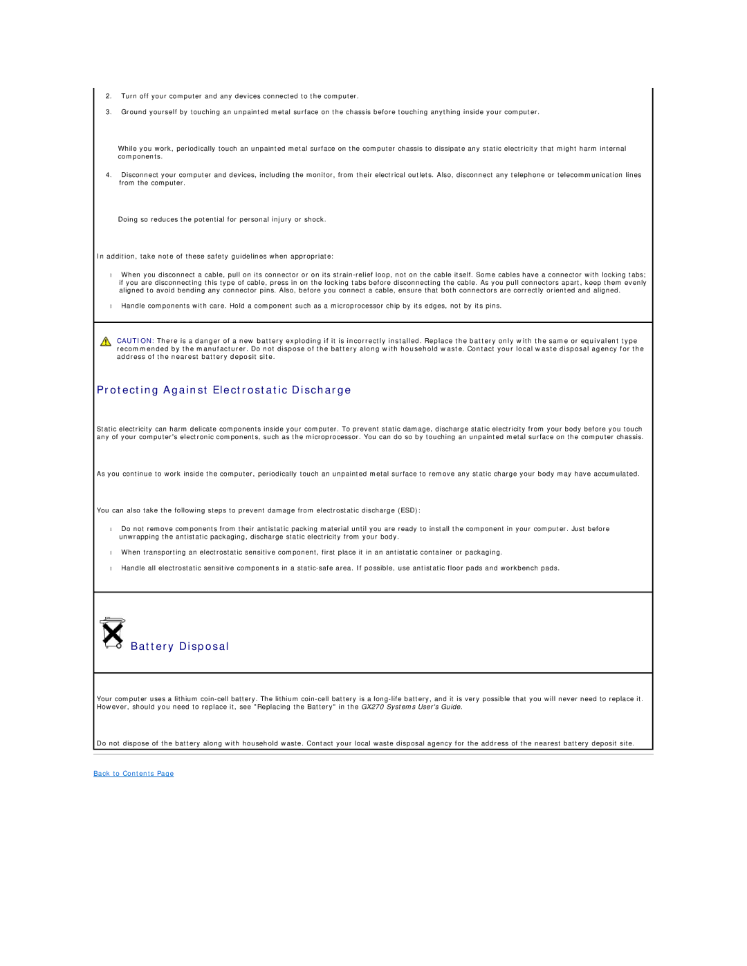 Dell GX270 manual Protecting Against Electrostatic Discharge, Battery Disposal 