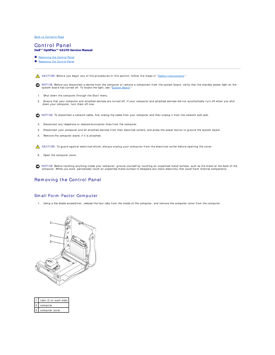 Dell GX270 manual Removing the Control Panel, Small Form-Factor Computer 