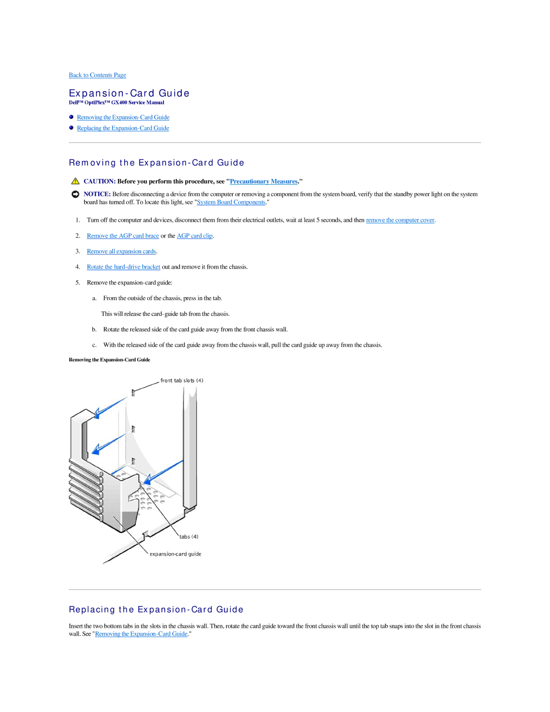 Dell GX400 manual Removing the Expansion-Card Guide, Replacing the Expansion-Card Guide 