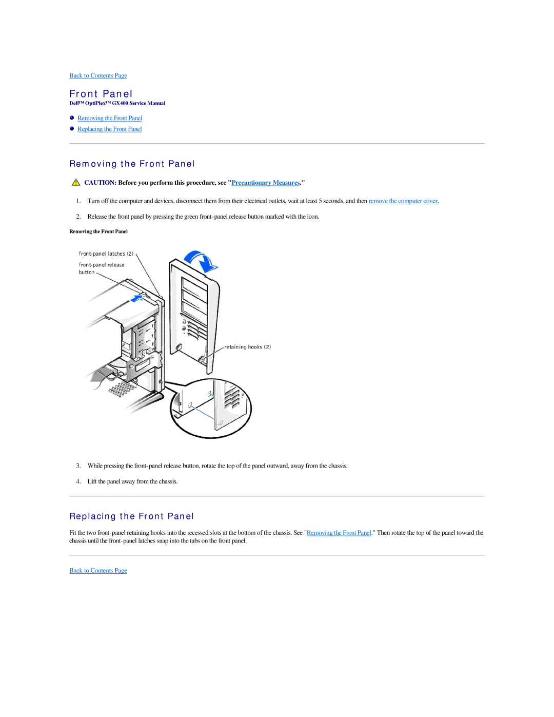 Dell GX400 manual Removing the Front Panel, Replacing the Front Panel 