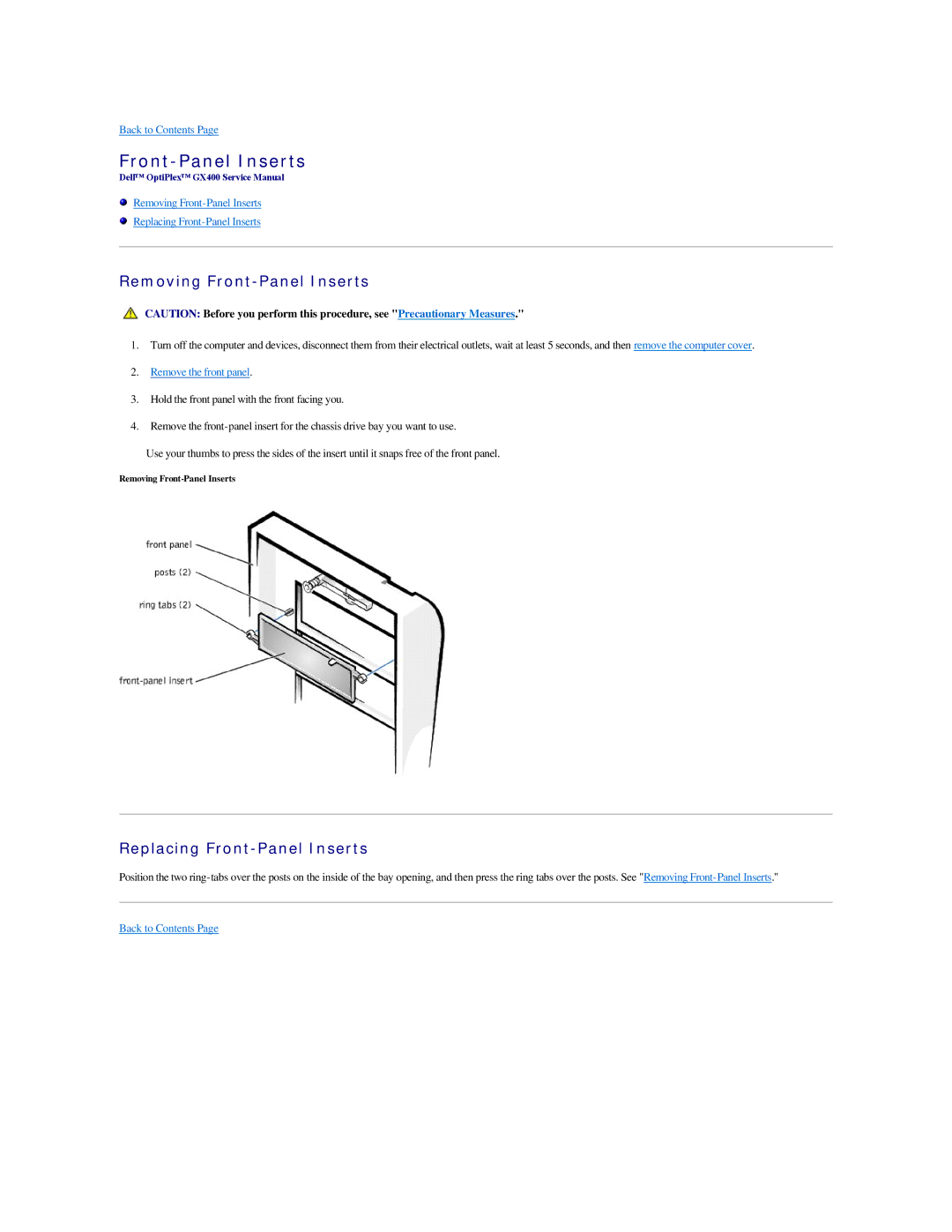 Dell GX400 manual Removing Front-Panel Inserts, Replacing Front-Panel Inserts 