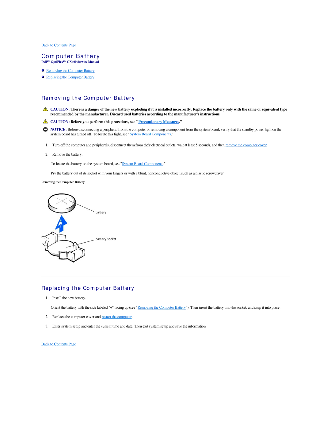 Dell GX400 manual Removing the Computer Battery, Replacing the Computer Battery 