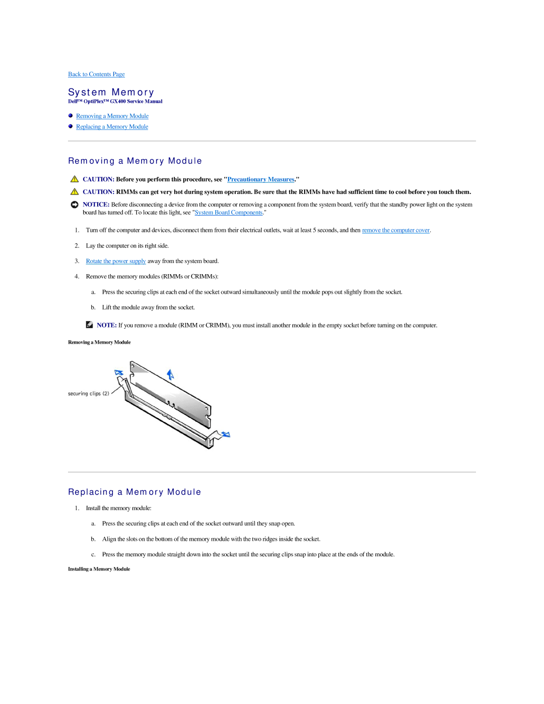 Dell GX400 manual System Memory, Removing a Memory Module, Replacing a Memory Module 