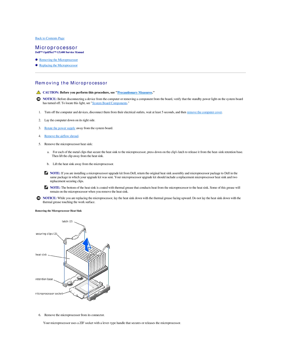 Dell GX400 manual Removing the Microprocessor 