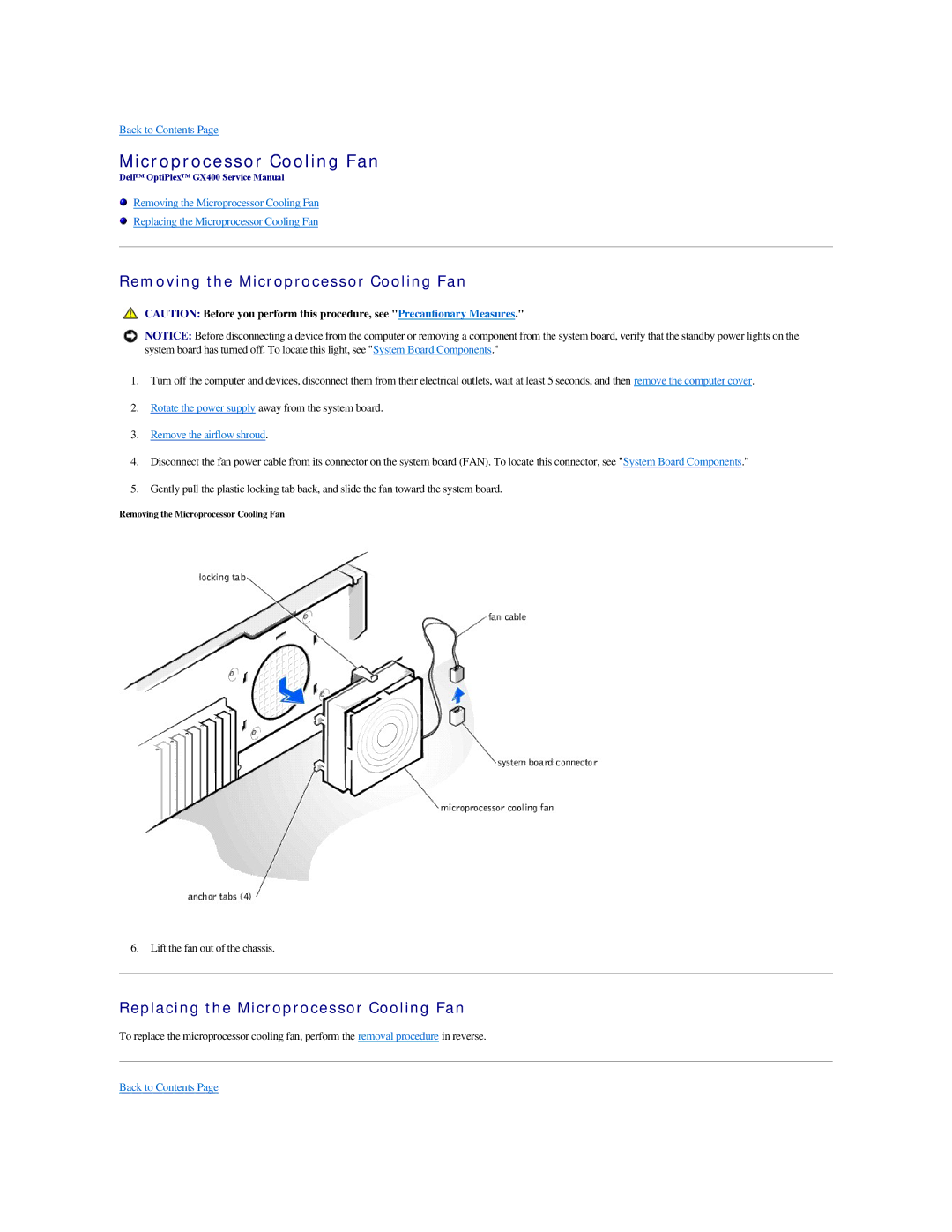 Dell GX400 manual Removing the Microprocessor Cooling Fan, Replacing the Microprocessor Cooling Fan 