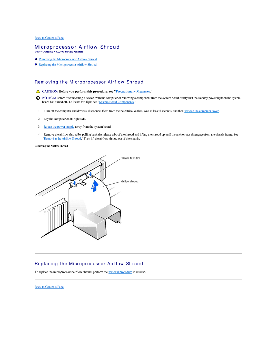 Dell GX400 manual Removing the Microprocessor Airflow Shroud, Replacing the Microprocessor Airflow Shroud 