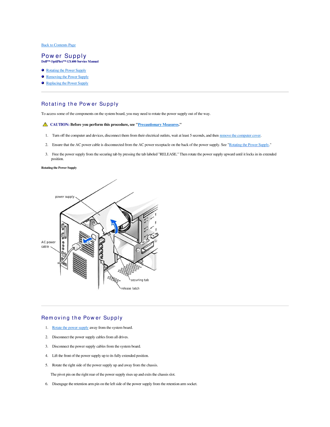 Dell GX400 manual Rotating the Power Supply, Removing the Power Supply 