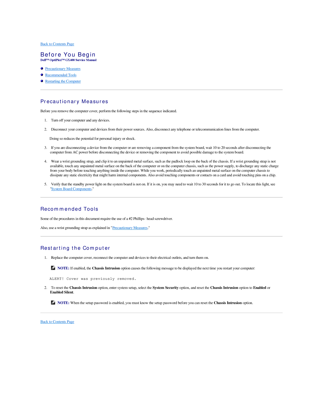 Dell GX400 manual Before You Begin, Precautionary Measures, Recommended Tools, Restarting the Computer 