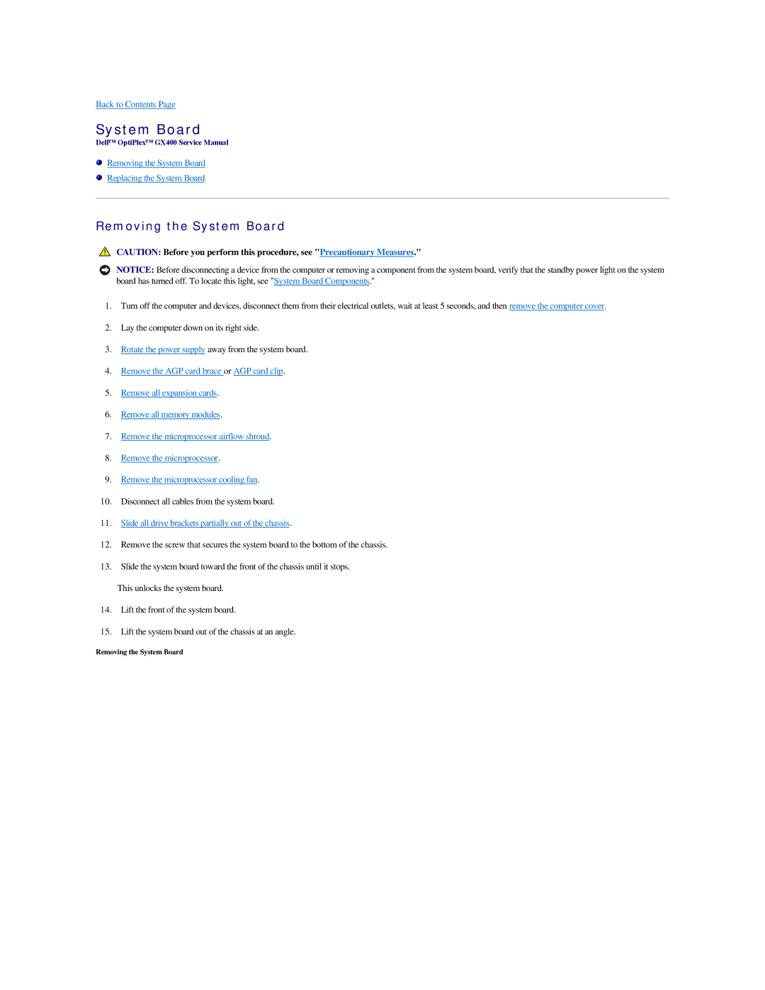 Dell GX400 manual Removing the System Board 