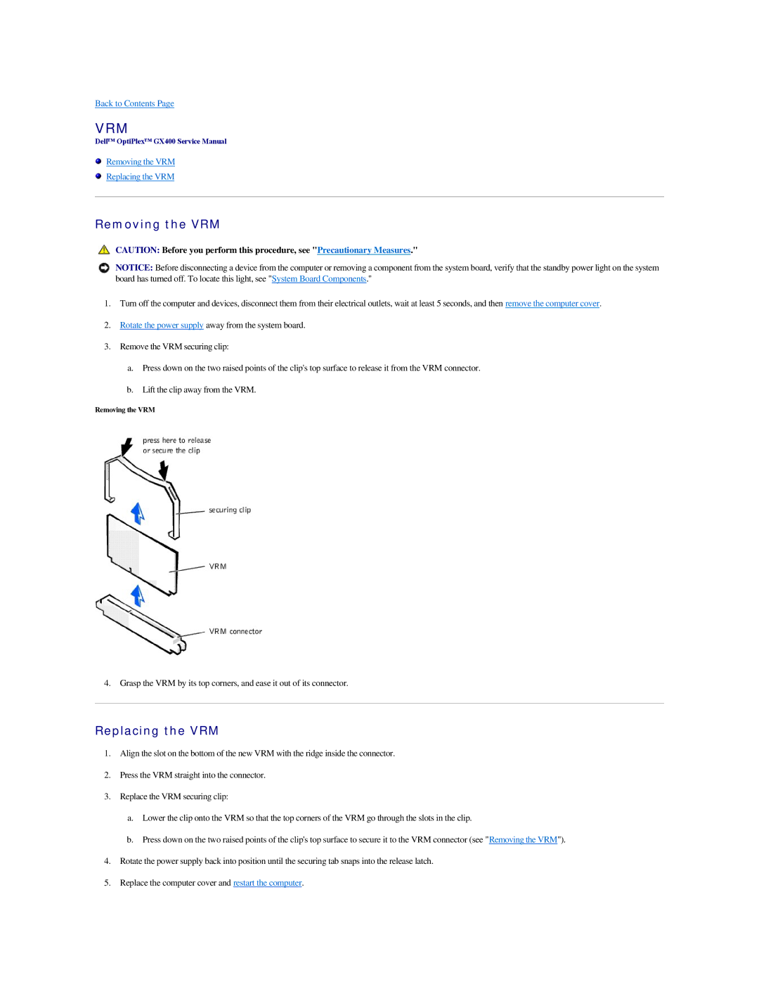 Dell GX400 manual Removing the VRM, Replacing the VRM 