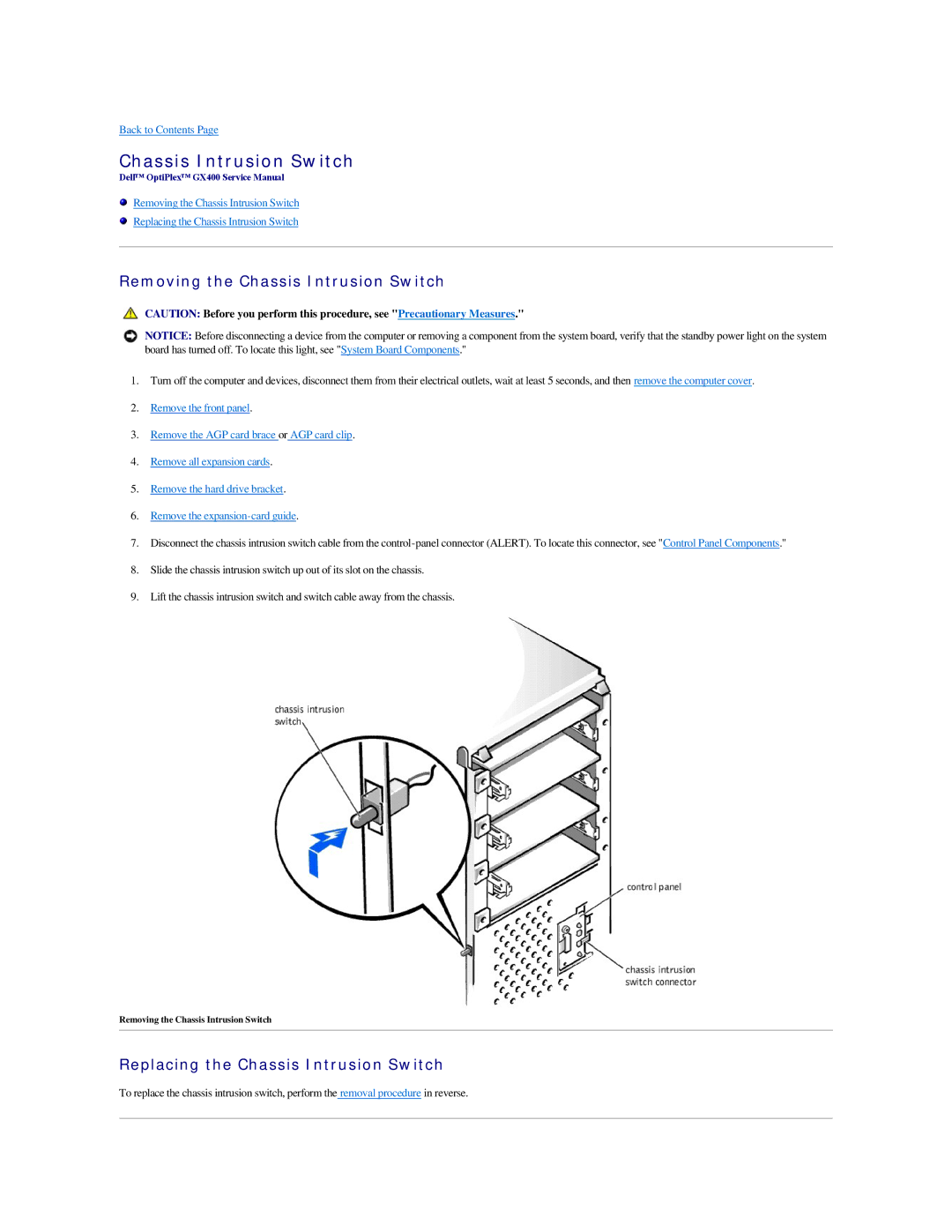 Dell GX400 manual Removing the Chassis Intrusion Switch, Replacing the Chassis Intrusion Switch 