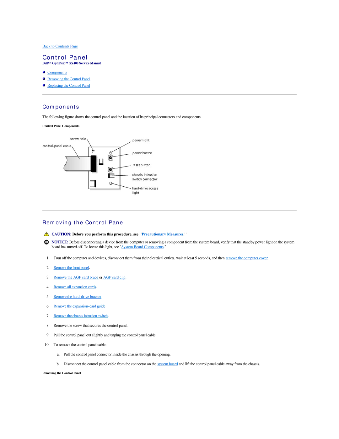 Dell GX400 manual Components, Removing the Control Panel 