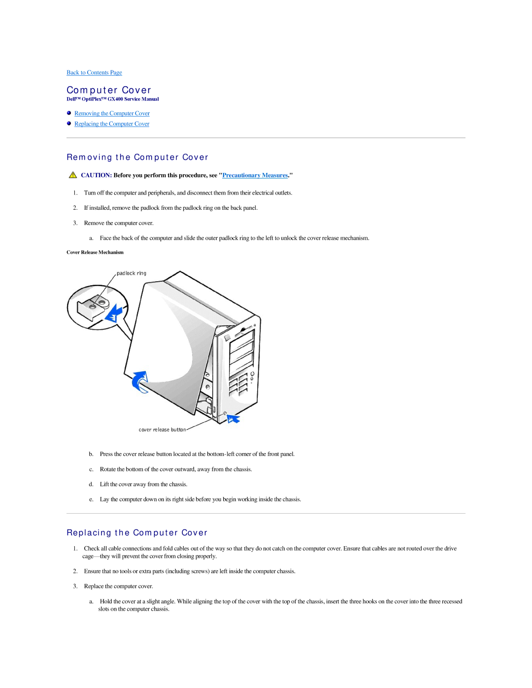 Dell GX400 manual Removing the Computer Cover, Replacing the Computer Cover 