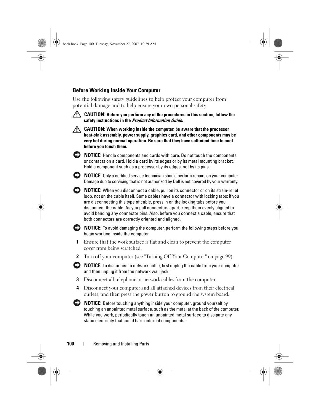 Dell GX404, DC01L owner manual Before Working Inside Your Computer, 100 