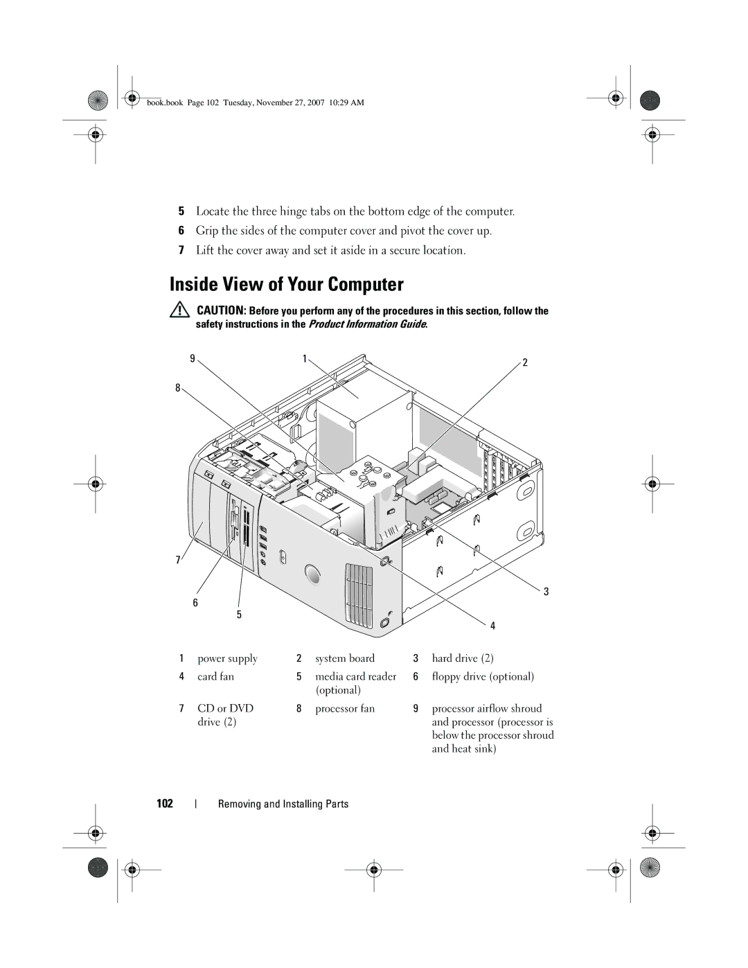 Dell GX404, DC01L owner manual Inside View of Your Computer, 102 