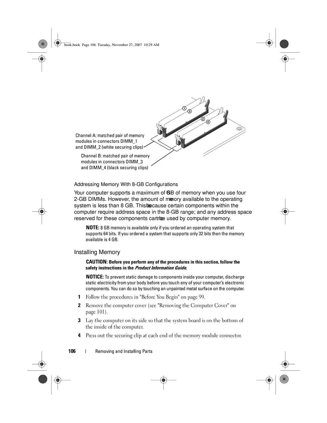 Dell GX404, DC01L owner manual Installing Memory, Addressing Memory With 8-GB Configurations 