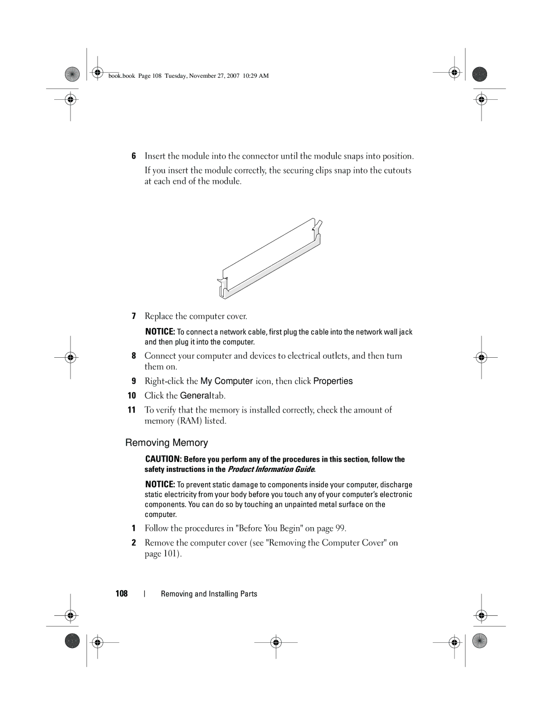 Dell GX404, DC01L owner manual Removing Memory 