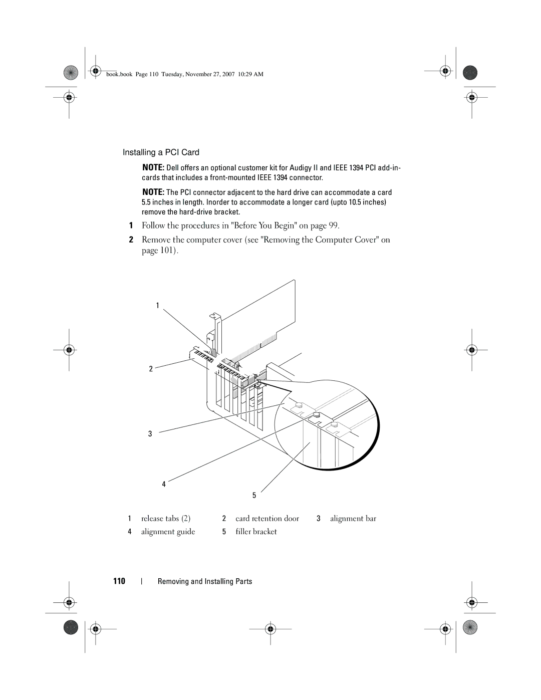 Dell GX404, DC01L owner manual Installing a PCI Card, 110 