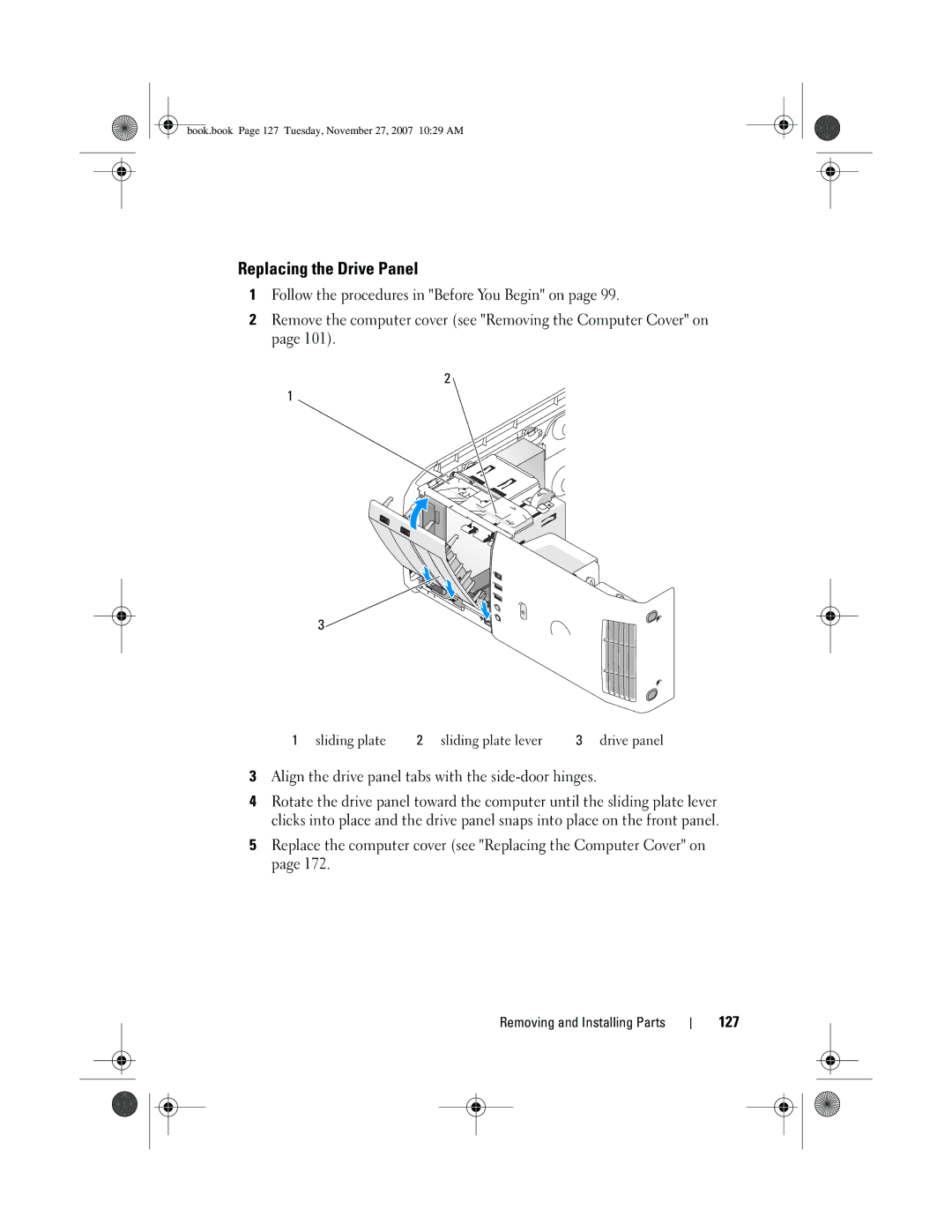 Dell DC01L, GX404 owner manual Replacing the Drive Panel, Align the drive panel tabs with the side-door hinges, 127 