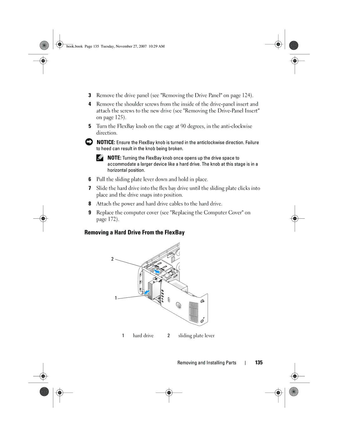 Dell DC01L, GX404 owner manual Removing a Hard Drive From the FlexBay, 135 