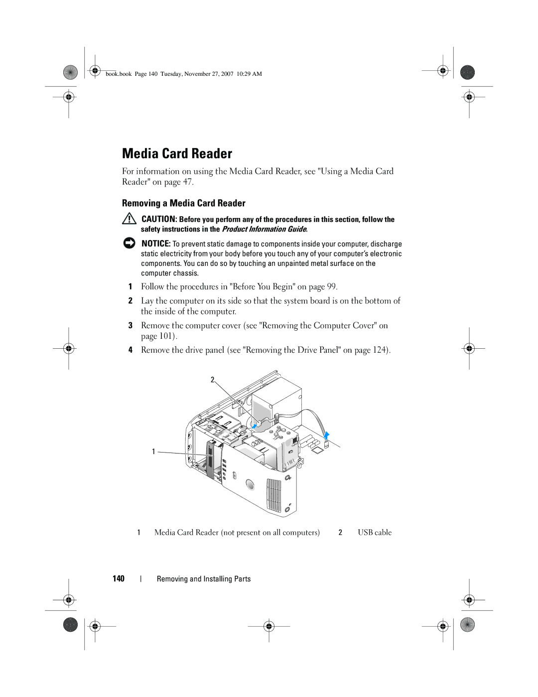 Dell GX404, DC01L owner manual Removing a Media Card Reader, 140 