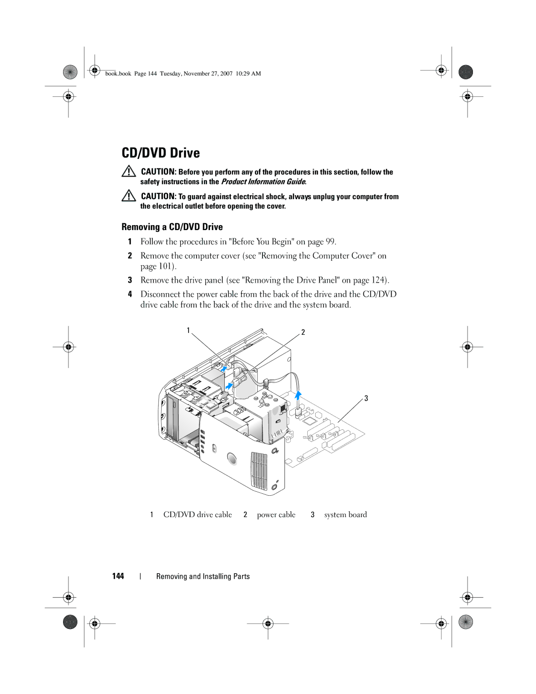 Dell GX404, DC01L owner manual Removing a CD/DVD Drive, 144 