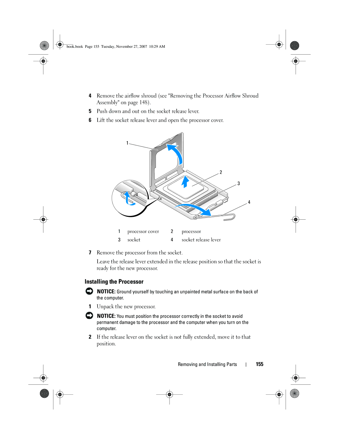 Dell DC01L, GX404 owner manual Installing the Processor, 155 