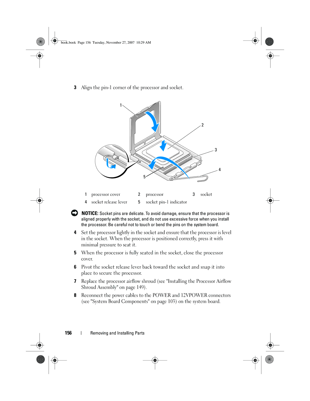 Dell GX404, DC01L owner manual Align the pin-1 corner of the processor and socket, 156 