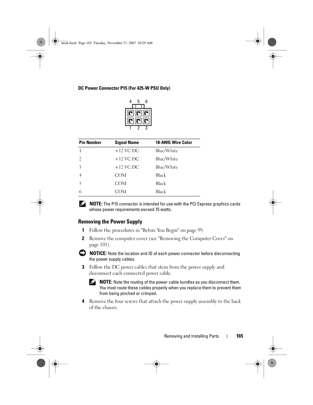 Dell DC01L, GX404 owner manual Removing the Power Supply, DC Power Connector P15 For 425-W PSU Only, 165 