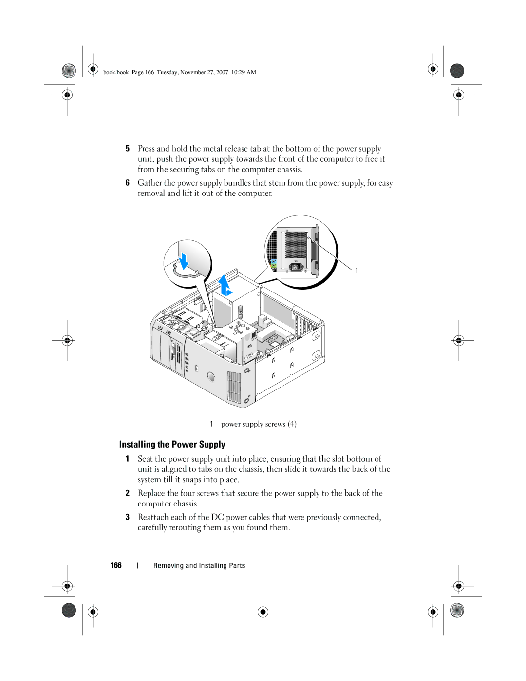 Dell GX404, DC01L owner manual Installing the Power Supply 