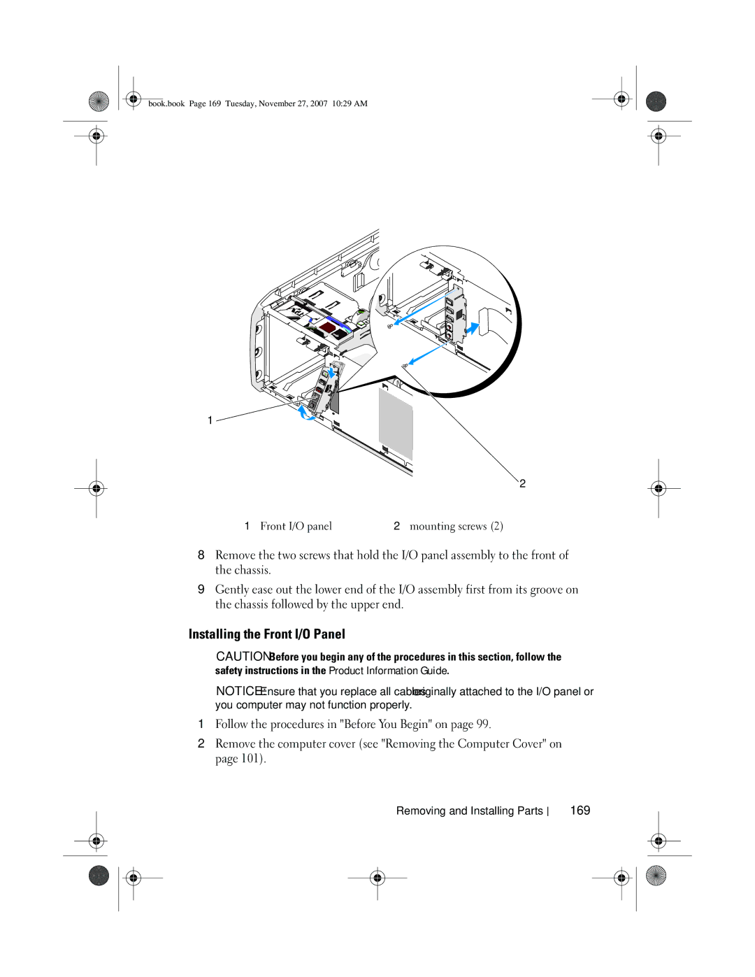 Dell DC01L, GX404 owner manual Installing the Front I/O Panel, 169 