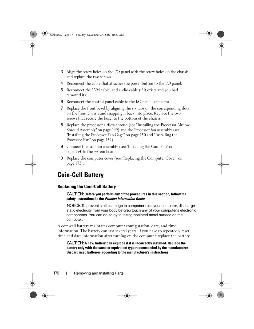 Dell GX404, DC01L owner manual Replacing the Coin-Cell Battery, 170 