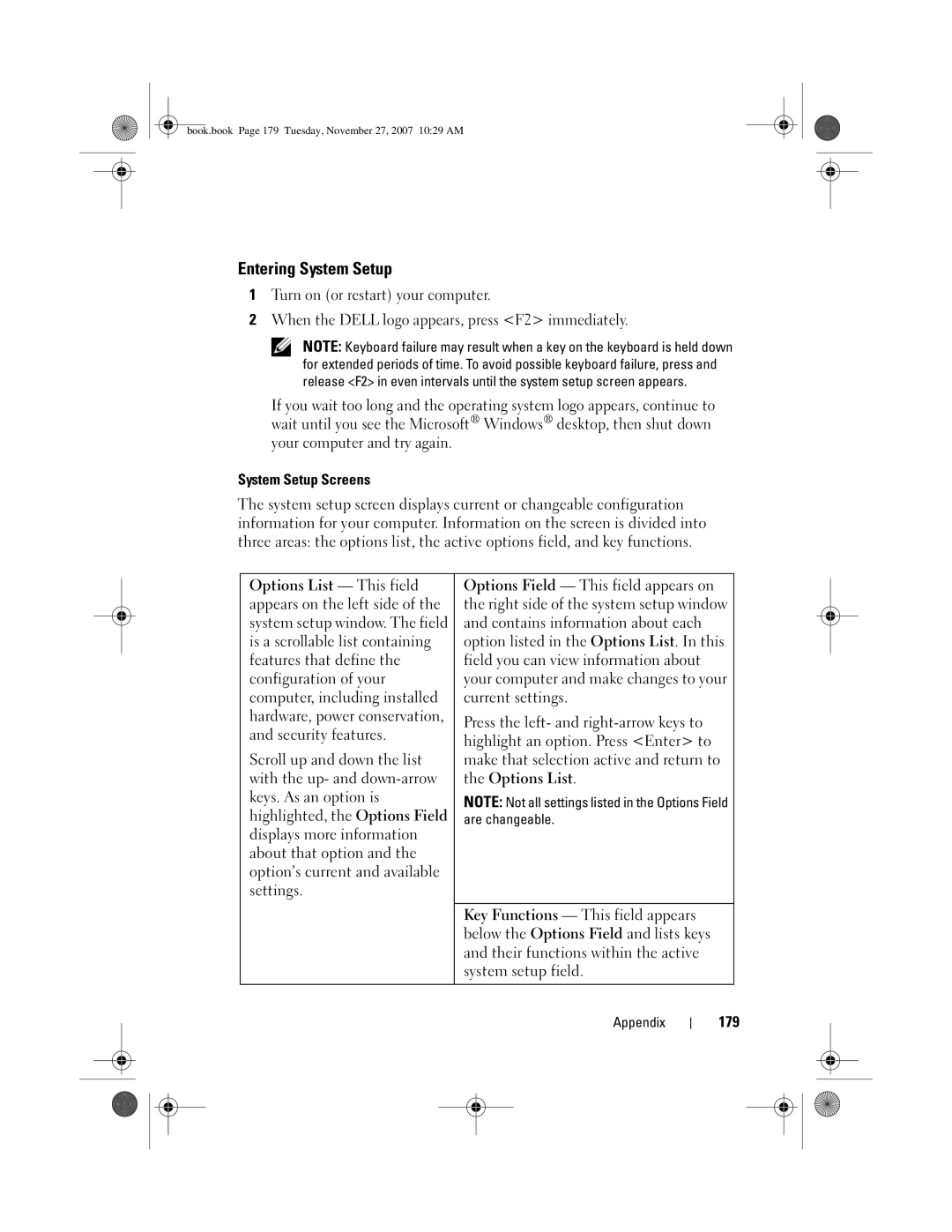 Dell DC01L, GX404 owner manual Entering System Setup, Contains information about each, 179 