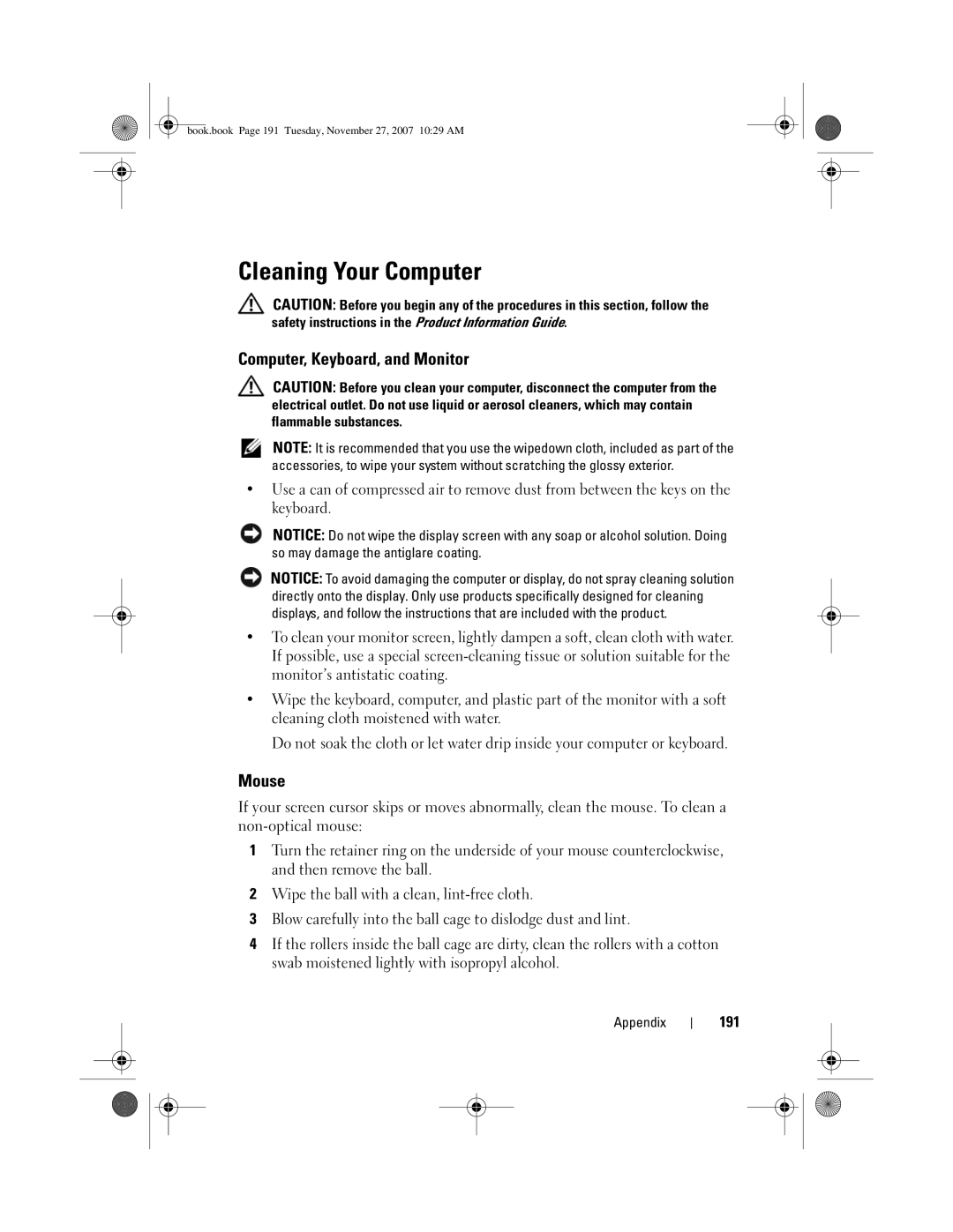 Dell DC01L, GX404 owner manual Cleaning Your Computer, Computer, Keyboard, and Monitor, Mouse, 191 