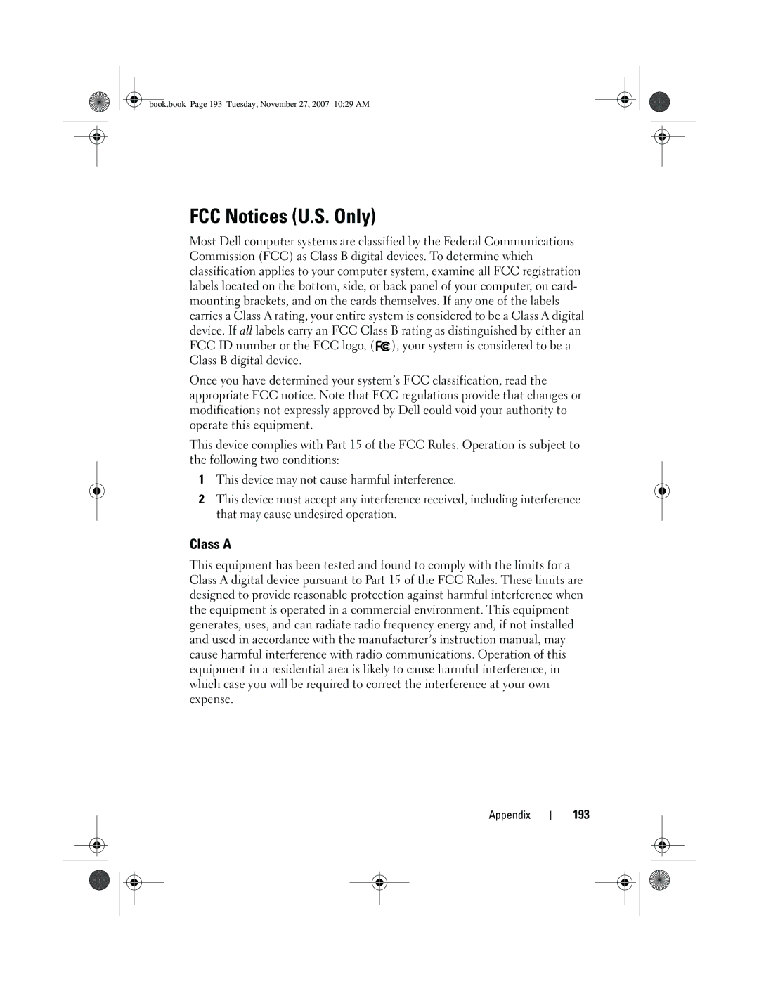 Dell DC01L, GX404 owner manual FCC Notices U.S. Only, Class a, 193 