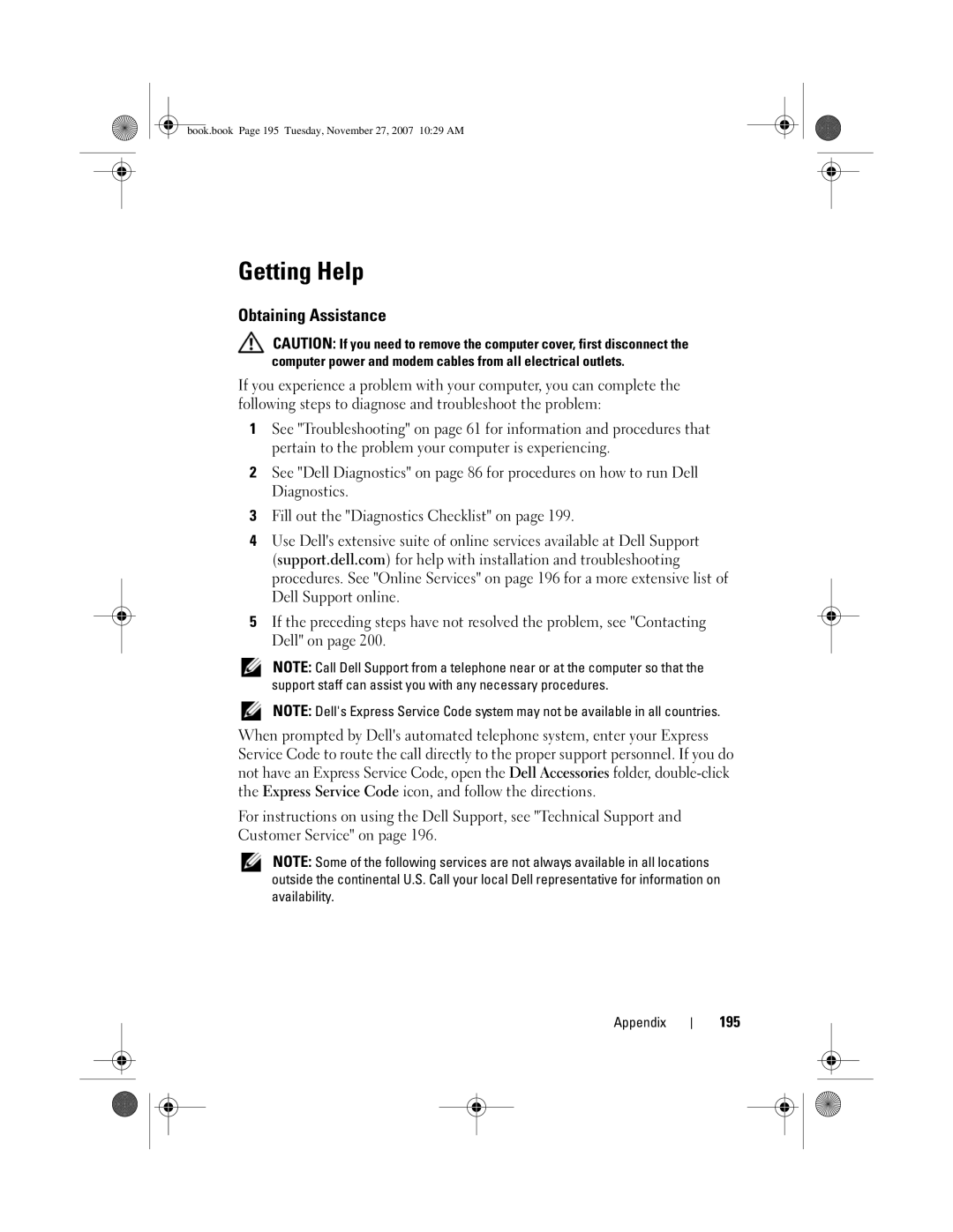 Dell DC01L, GX404 owner manual Getting Help, Obtaining Assistance, 195 