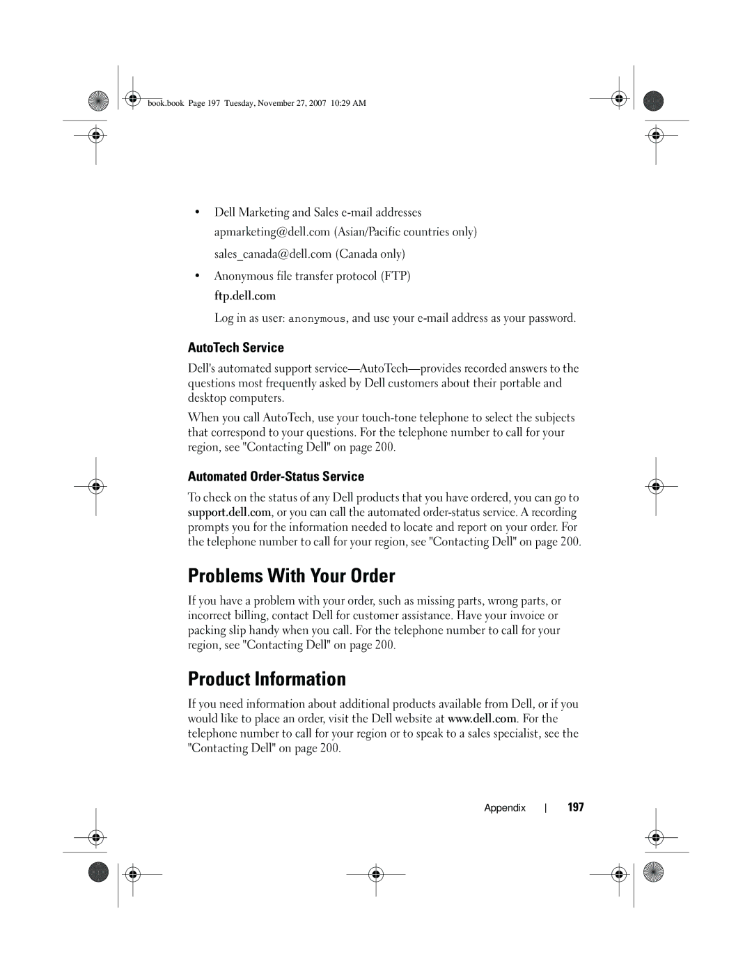 Dell DC01L, GX404 Problems With Your Order, Product Information, AutoTech Service, Automated Order-Status Service, 197 