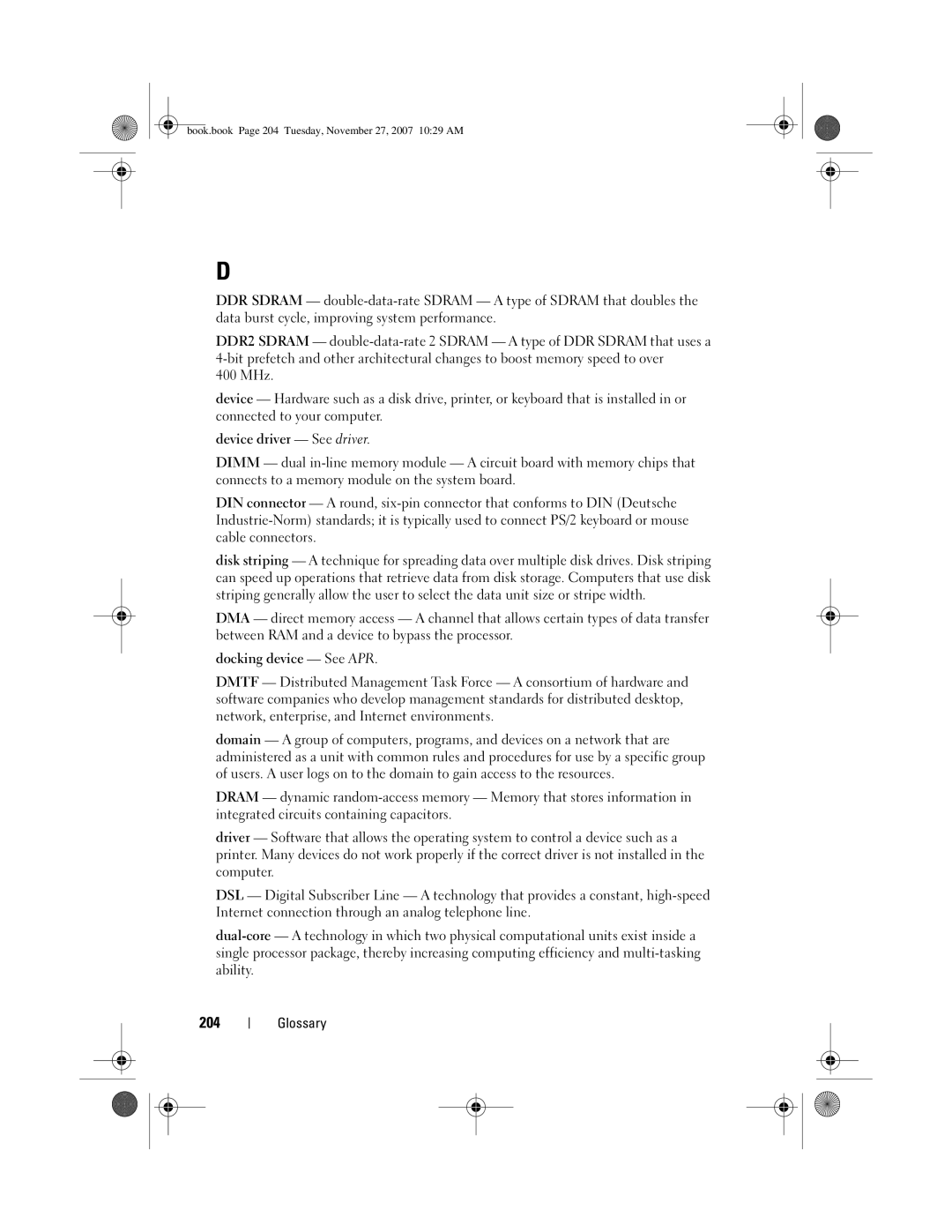 Dell GX404, DC01L owner manual 204, Device driver See driver, Docking device See APR 