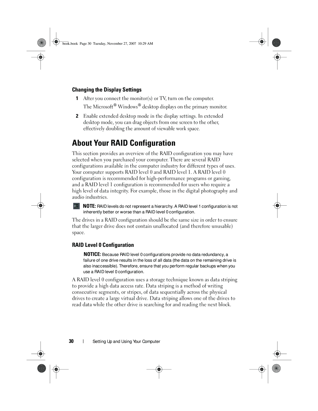 Dell GX404, DC01L owner manual About Your RAID Configuration, Changing the Display Settings, RAID Level 0 Configuration 