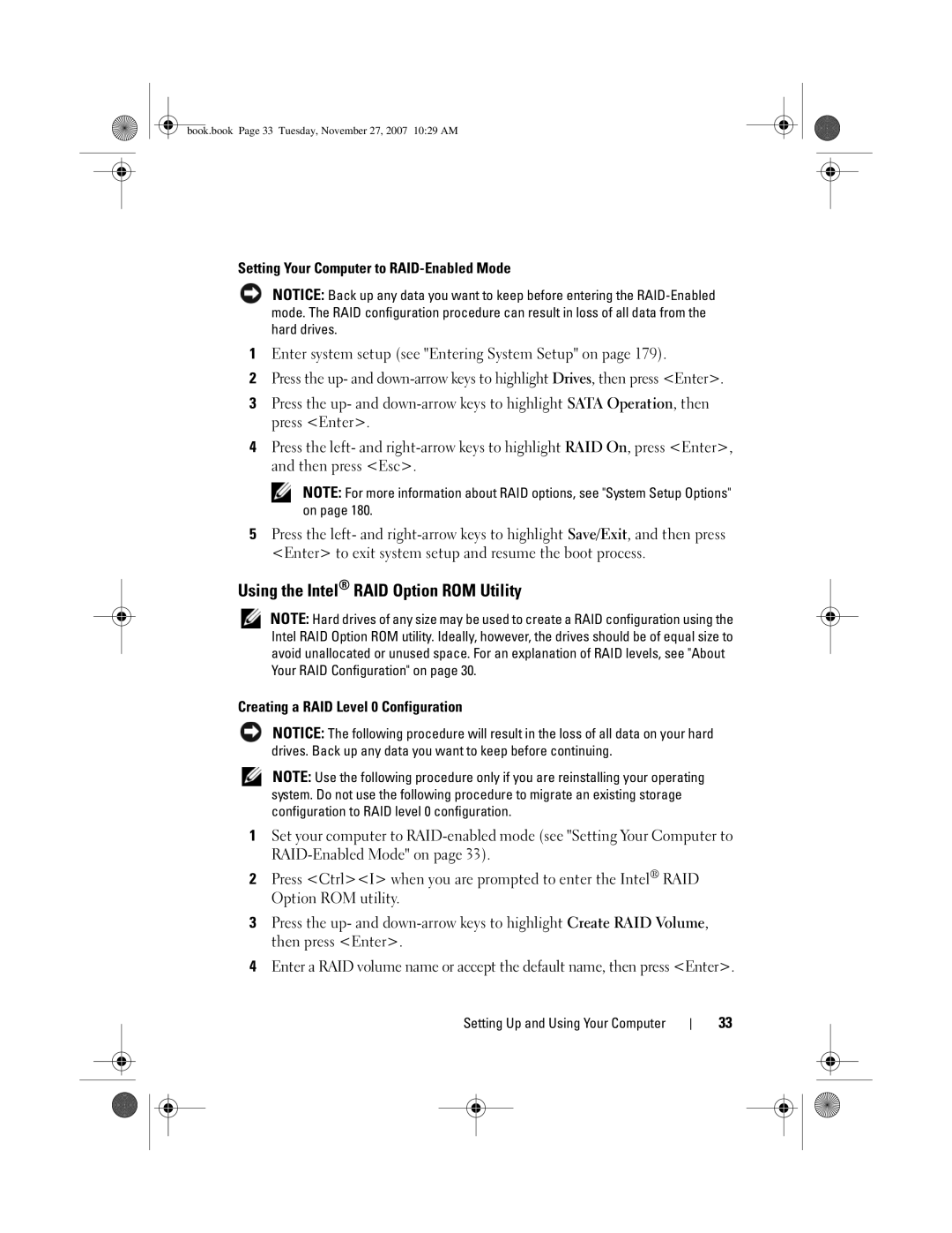 Dell DC01L, GX404 owner manual Using the Intel RAID Option ROM Utility 