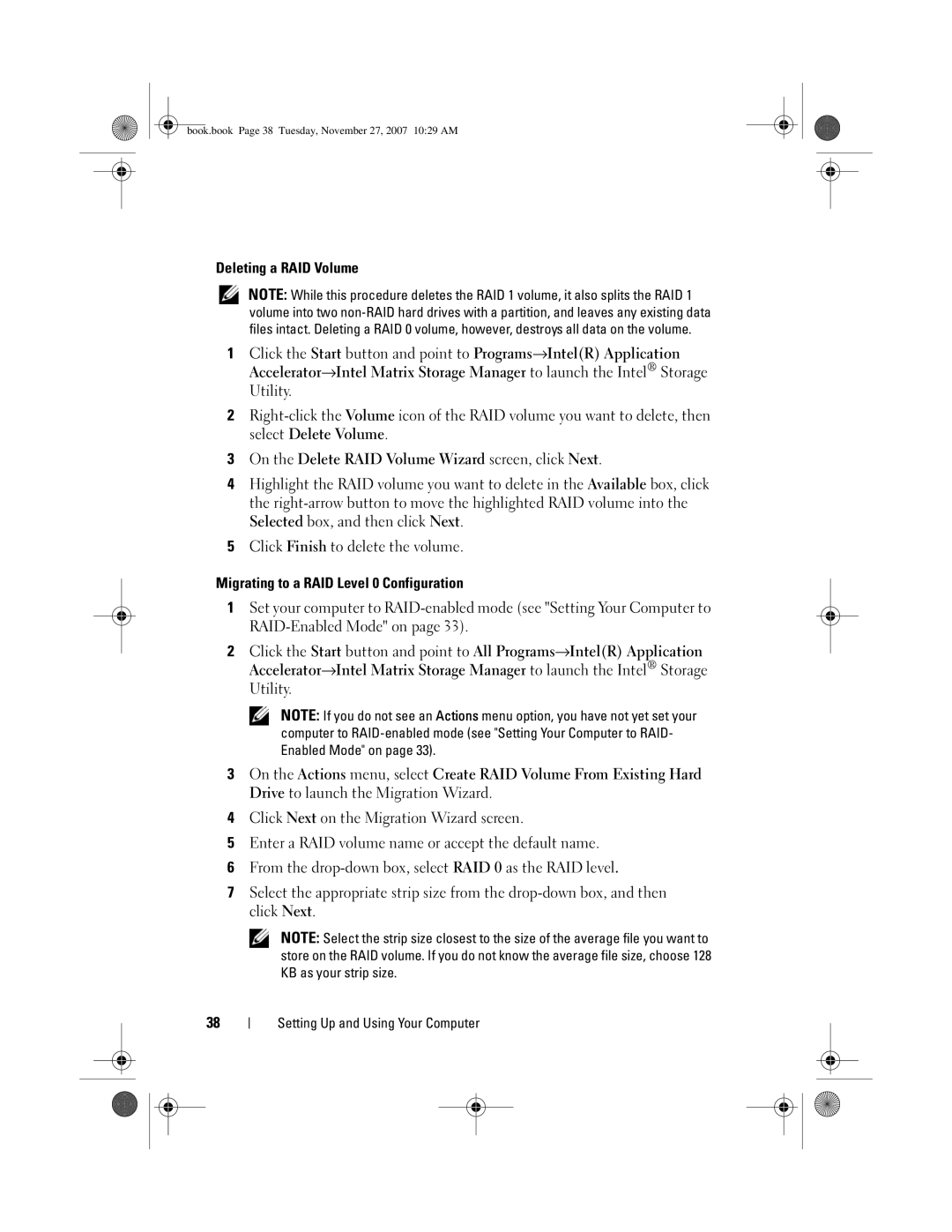 Dell GX404, DC01L owner manual Book.book Page 38 Tuesday, November 27, 2007 1029 AM 