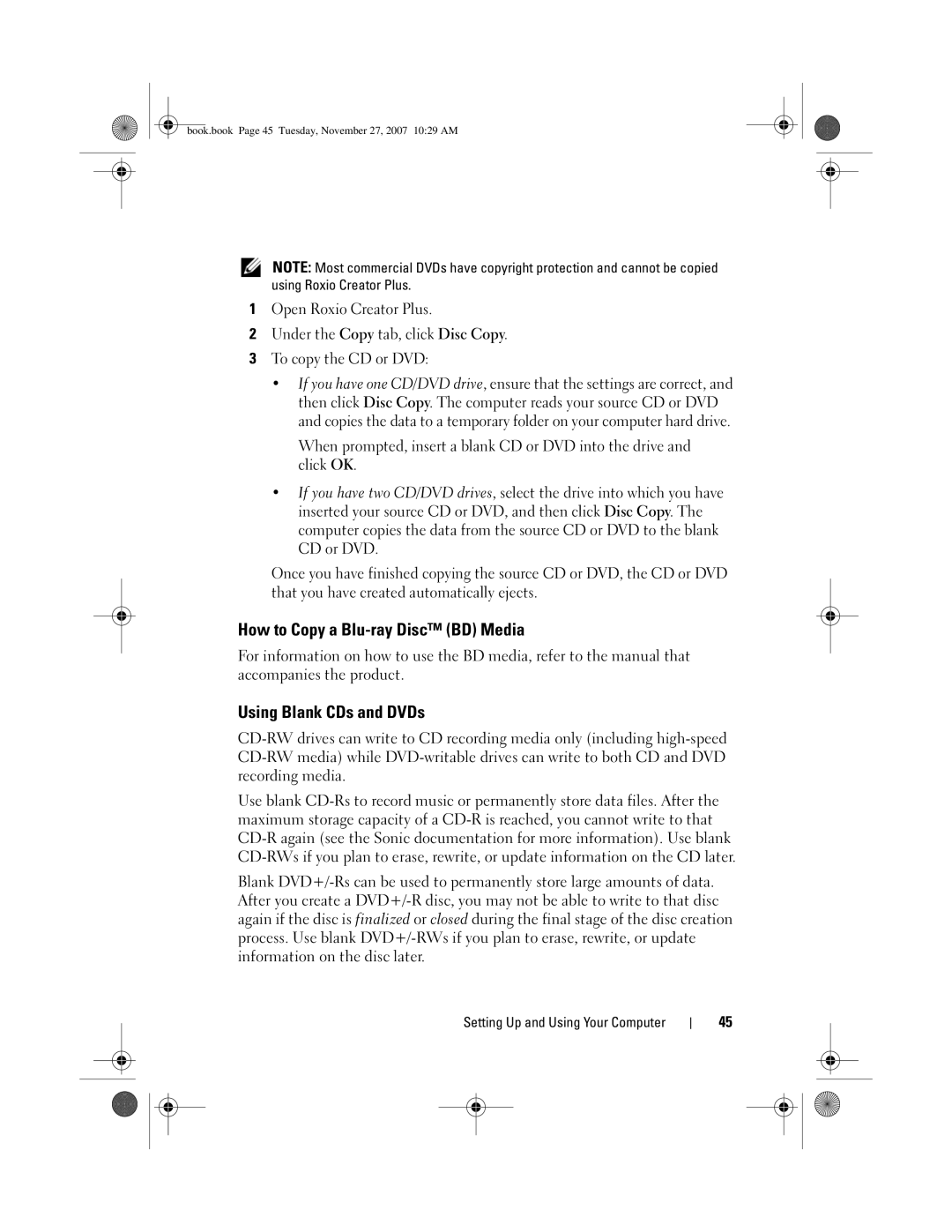 Dell DC01L, GX404 owner manual How to Copy a Blu-ray Disc BD Media, Using Blank CDs and DVDs 