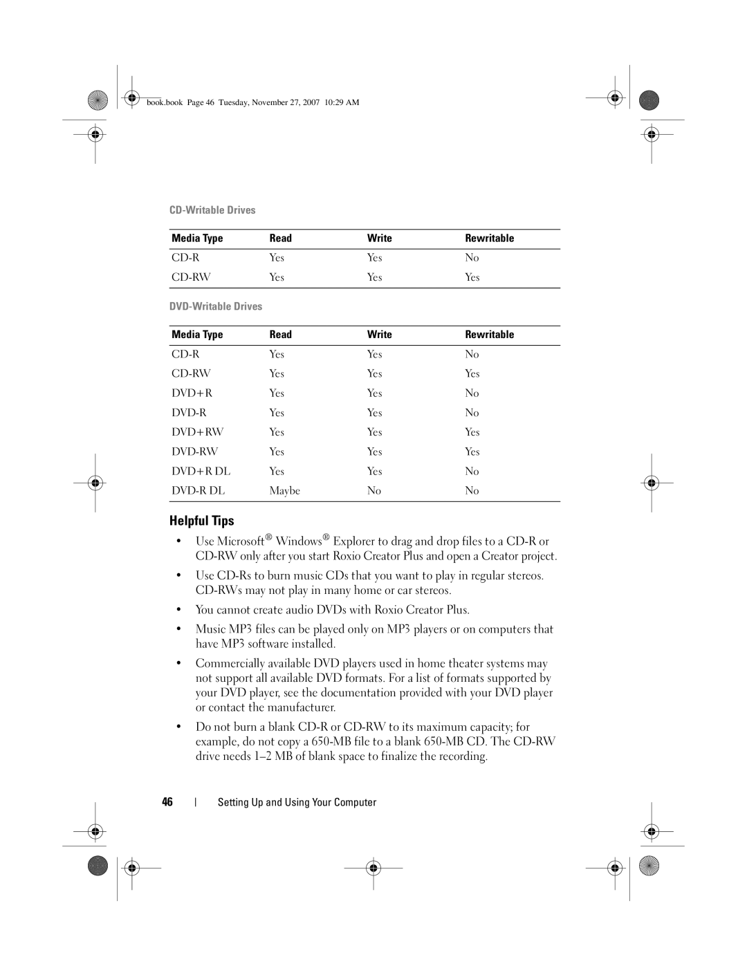 Dell GX404, DC01L owner manual Helpful Tips, Media Type Read Write Rewritable 