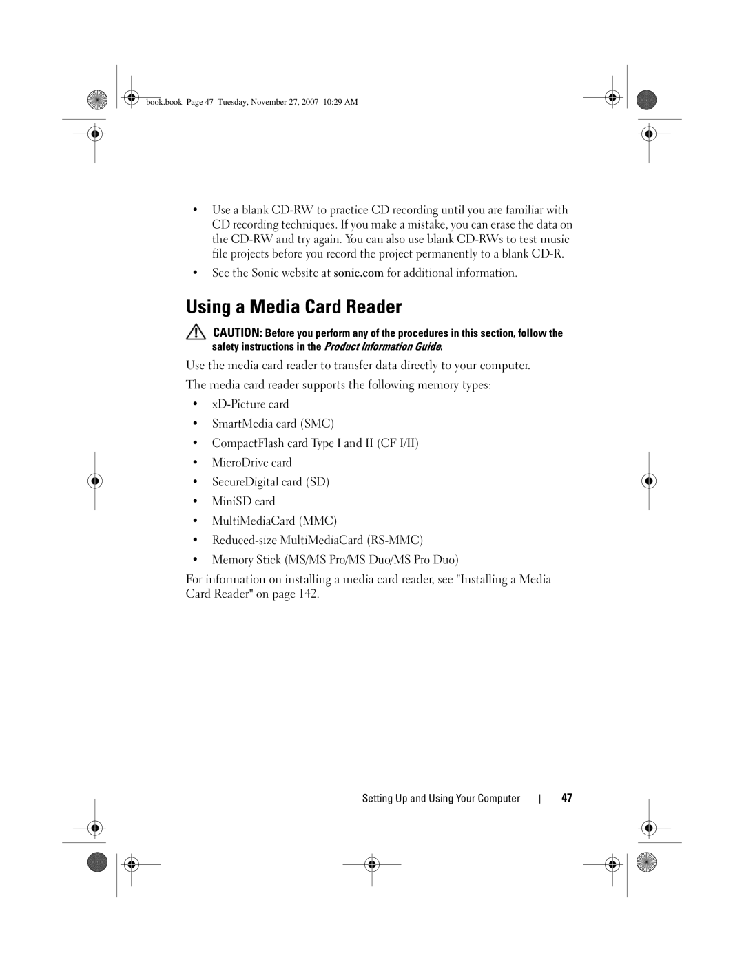 Dell DC01L, GX404 owner manual Using a Media Card Reader 