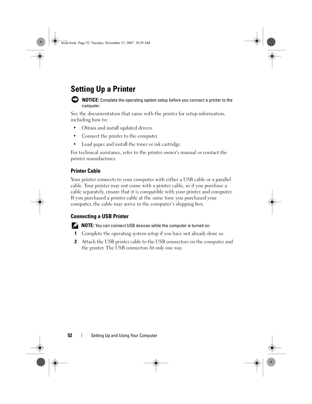 Dell GX404, DC01L owner manual Setting Up a Printer, Printer Cable, Connecting a USB Printer 