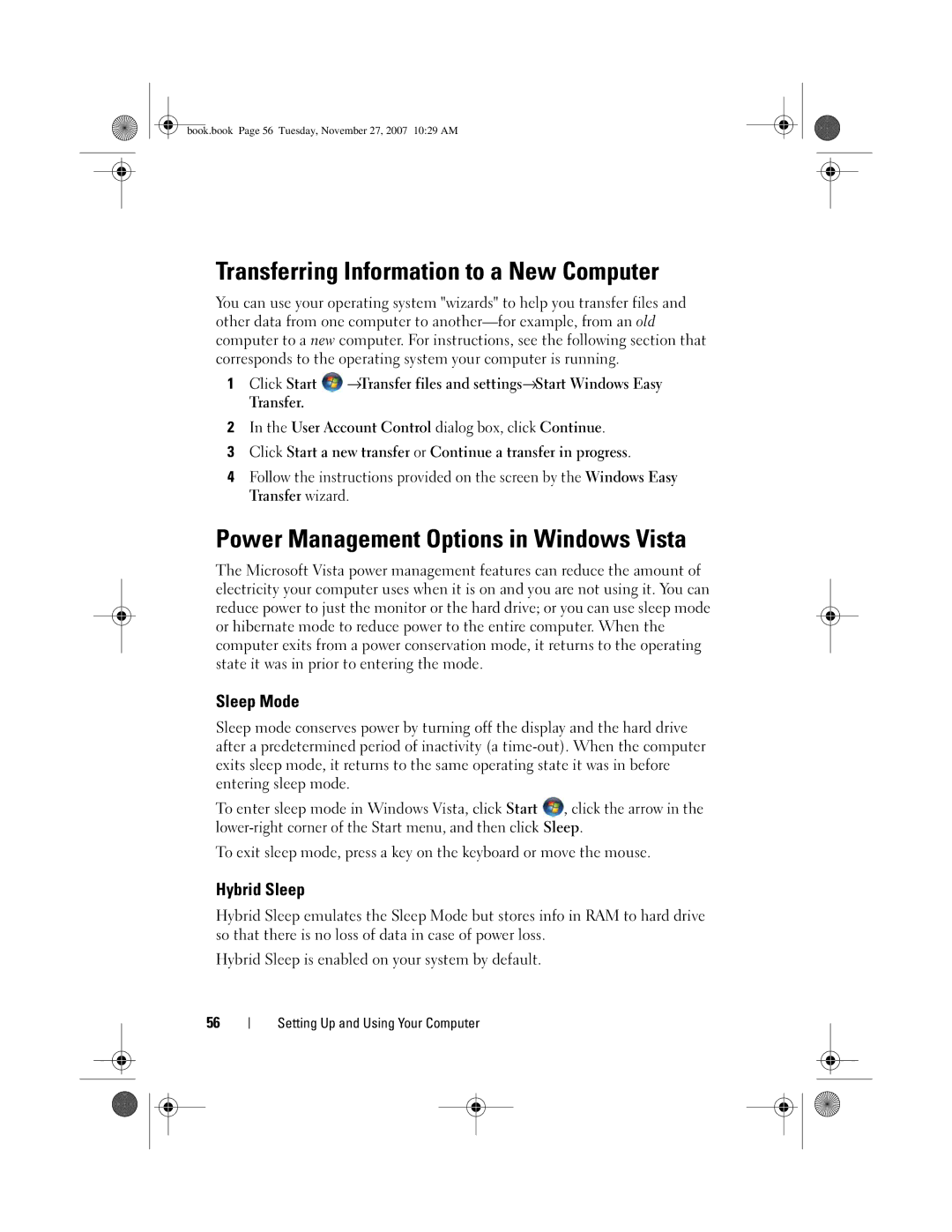 Dell GX404 Transferring Information to a New Computer, Power Management Options in Windows Vista, Sleep Mode, Hybrid Sleep 