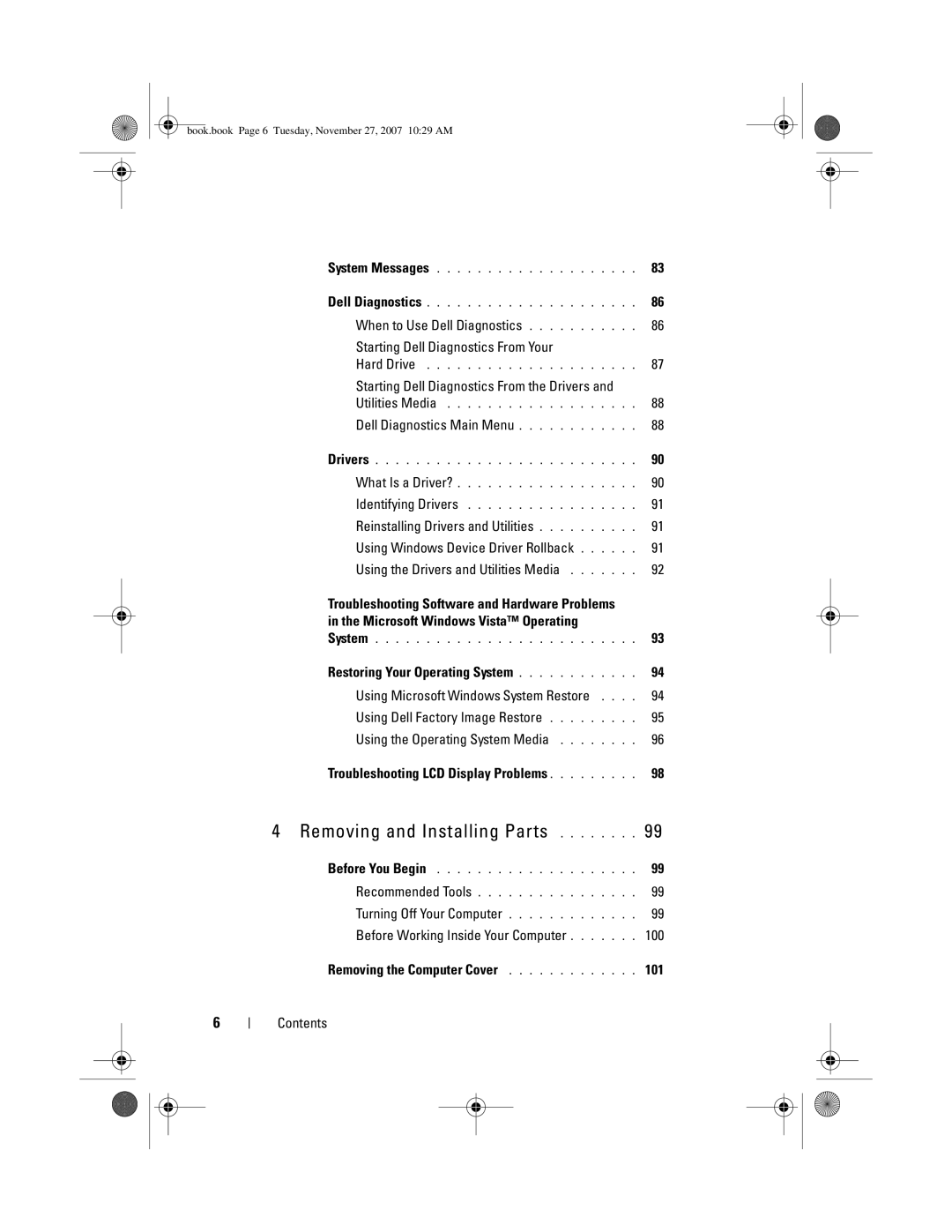 Dell GX404, DC01L owner manual Dell Diagnostics Main Menu, Microsoft Windows Vista Operating 