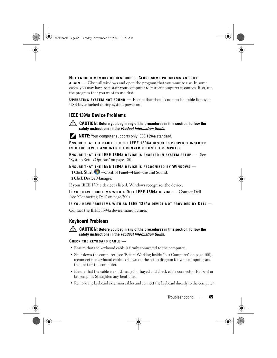 Dell DC01L, GX404 owner manual Ieee 1394a Device Problems, Keyboard Problems 