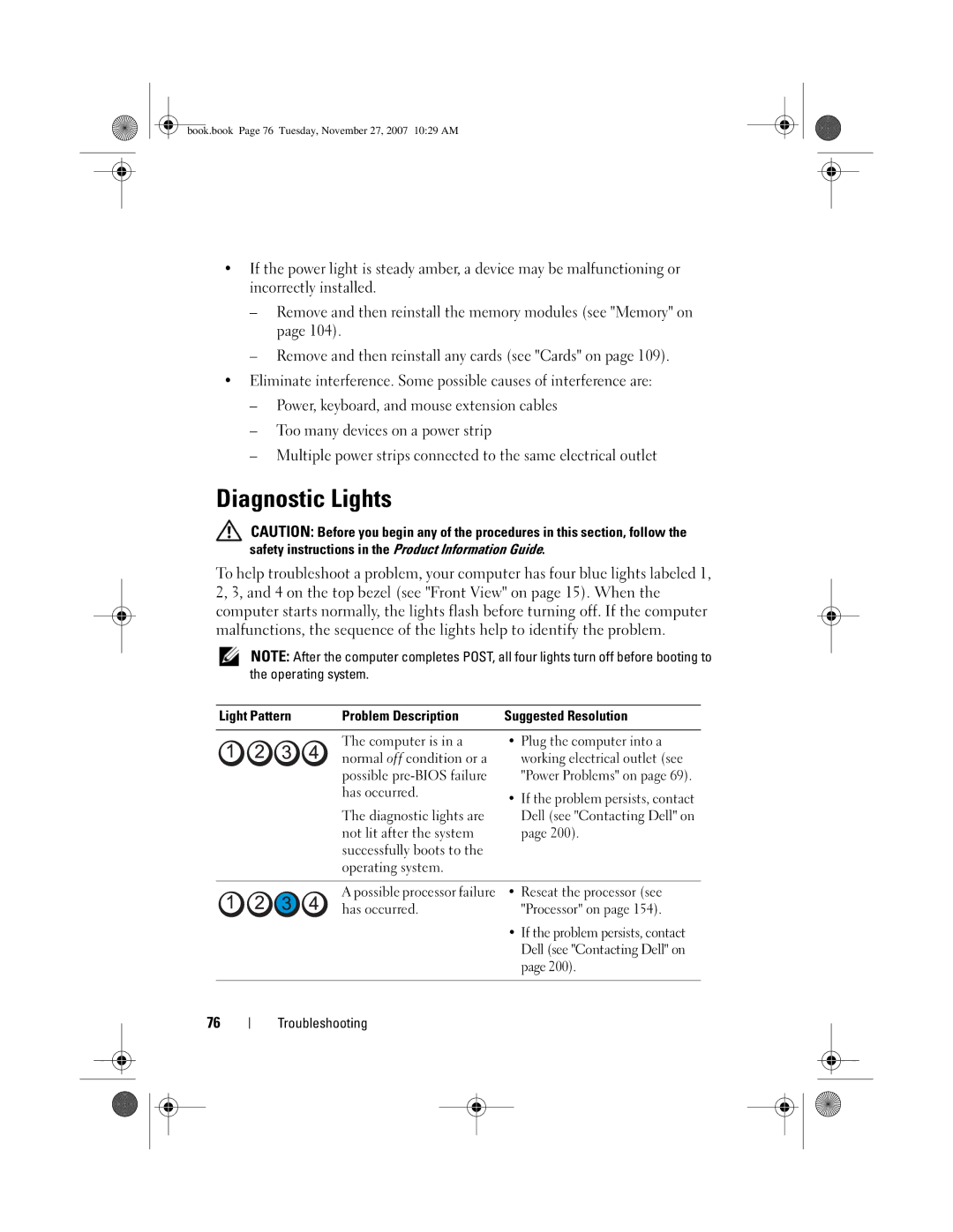 Dell GX404, DC01L owner manual Diagnostic Lights, Light Pattern Problem Description, Reseat the processor see, Processor on 