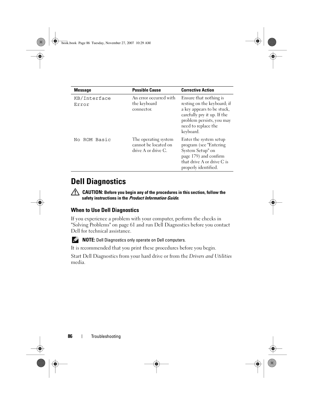 Dell GX404, DC01L owner manual When to Use Dell Diagnostics 